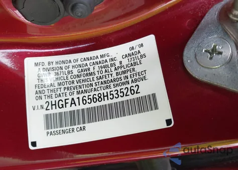 2008 Honda Civic Lx из США, поврежденный, VIN 2HGFA16568H535262